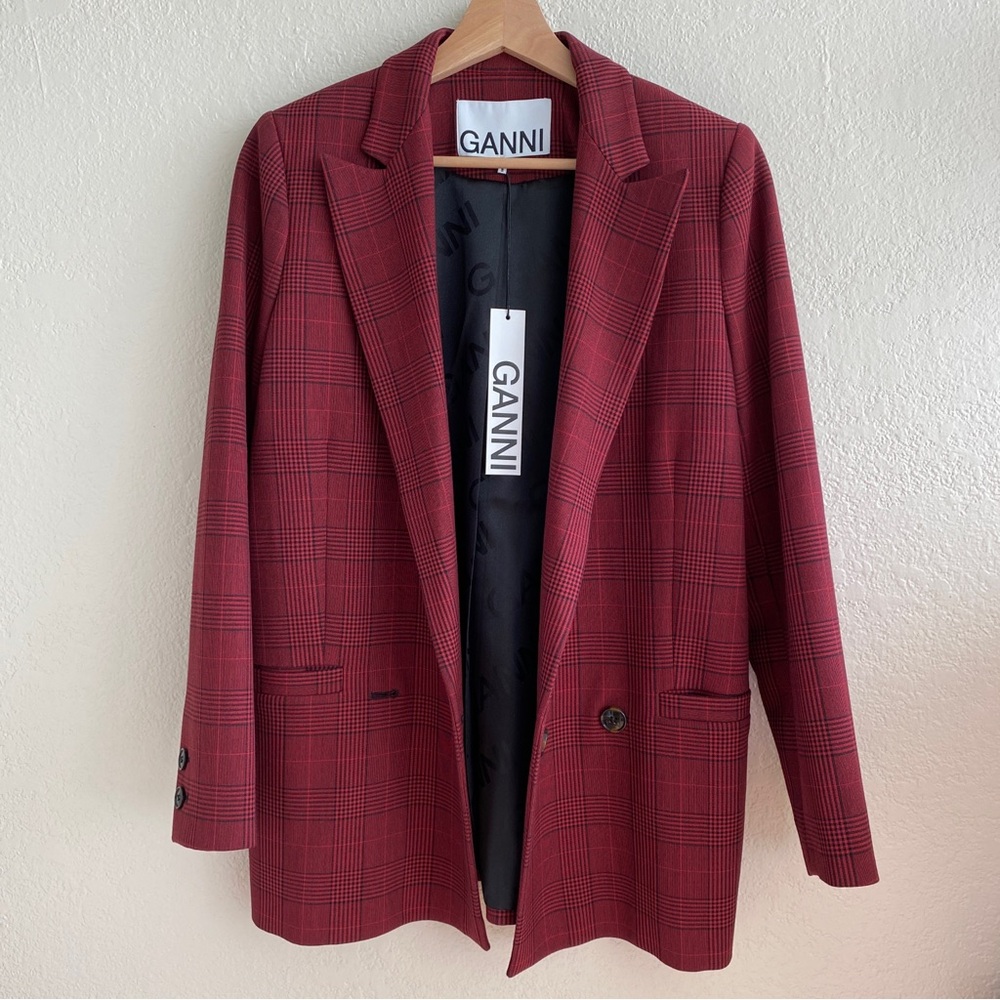 GANNI Woodside double-breasted Prince of Wales checked woven blazer XS